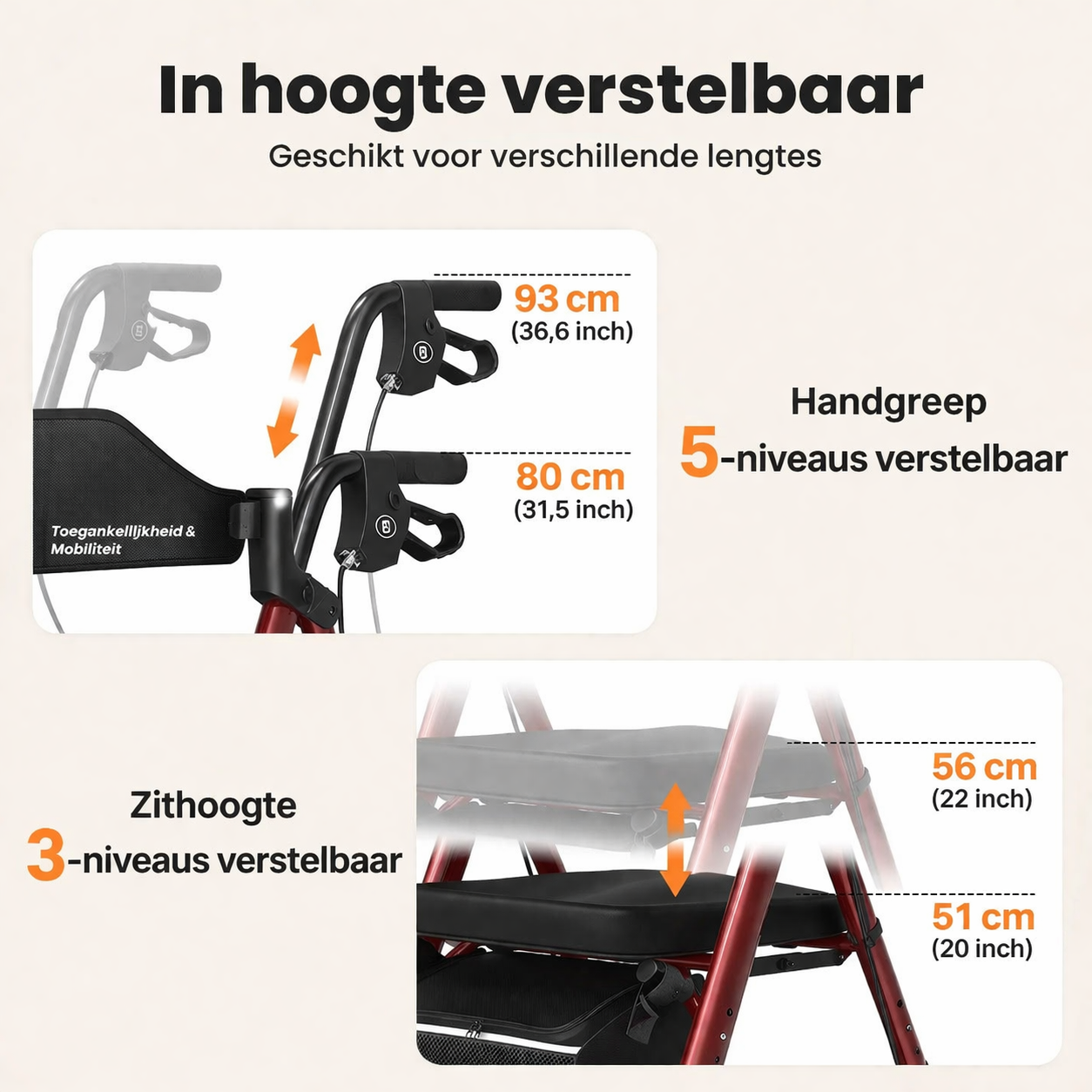 Opvouwbare Rollator met Zitje – Aluminium – 8 Inch Wielen